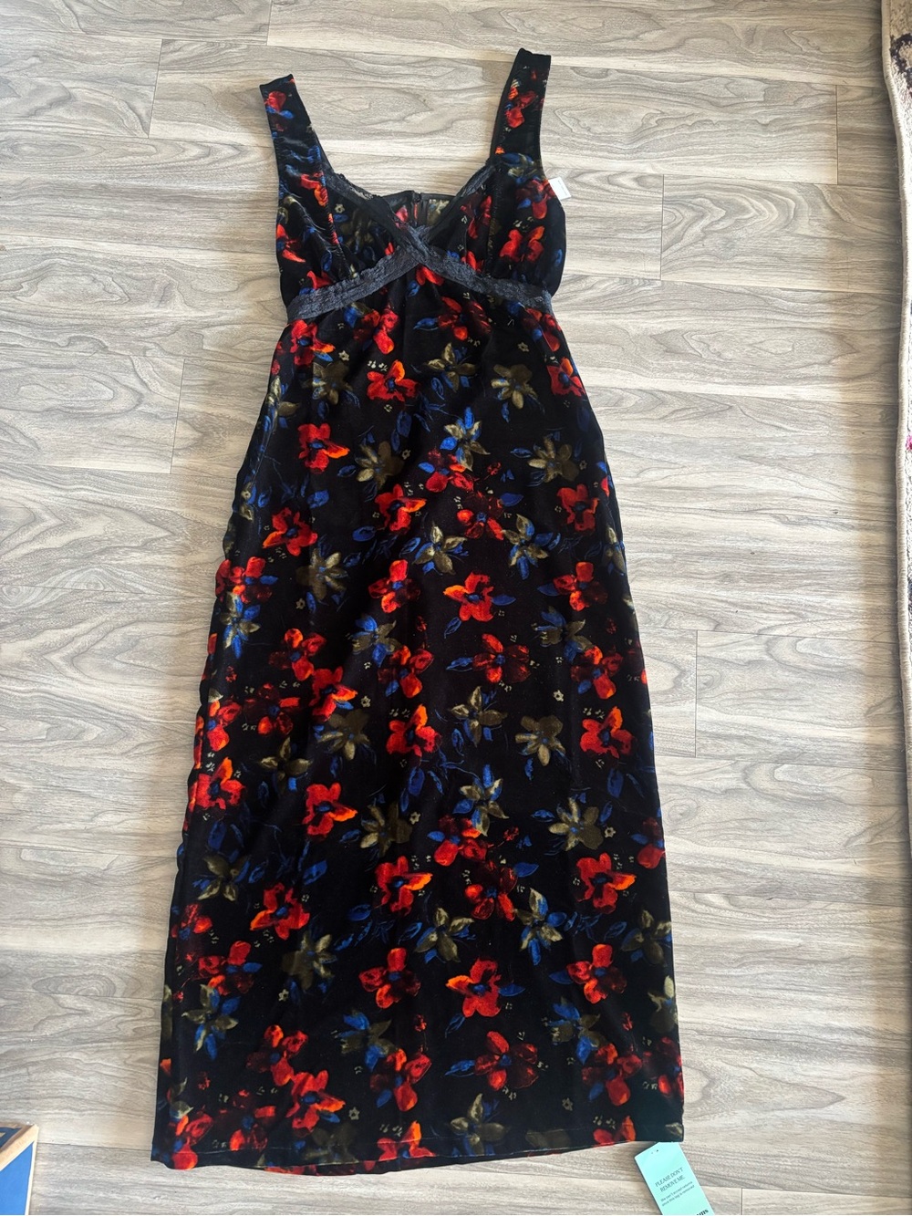 Nasty Gal Black Velvet Maxi Dress with Red and Blue Floral Print